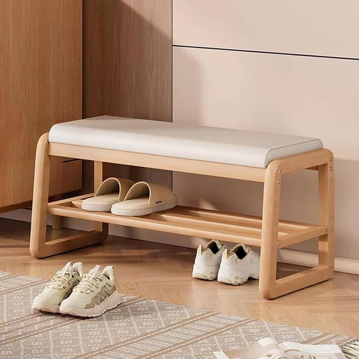 Moderno zapatero de 2 niveles con cojín, elegante zapatero de madera de 80 cm, diseño simple y contemporáneo para almacenamiento y decoración en el pasillo