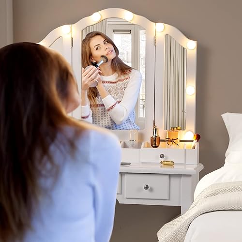 Miniatura 5 de Vanity Desk with Mirror and Lights Makeup Vanity with Lights and Tri-Folding Vanity Table with Light,White Vanity Makeup Desk with Drawers and Chair