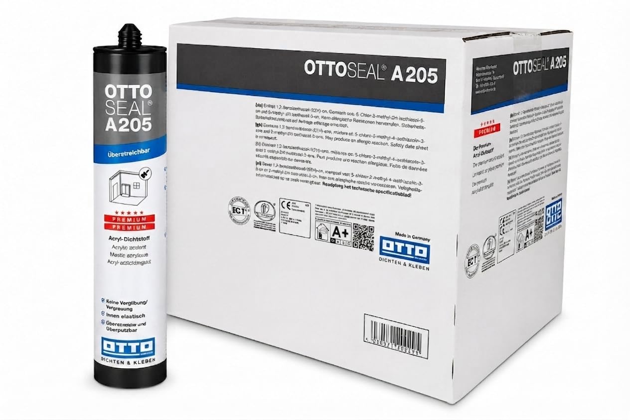 OTTO SEAL A205 - Sellador acrílico premium (20 unidades, 310 ml, color gris hormigón, se puede pintar, juntas de conexión, juntas de expansión, ventanas, puertas, persianas, zócalos, paredes y techos