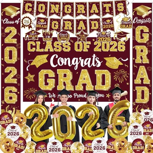 Graduation Decorations Class of 2026 - Maroon and Gold Graduation Party Supplies Include Backdrop Banner Hanging Swirls Porch Sign Balloons for Congrats Grad Decorations