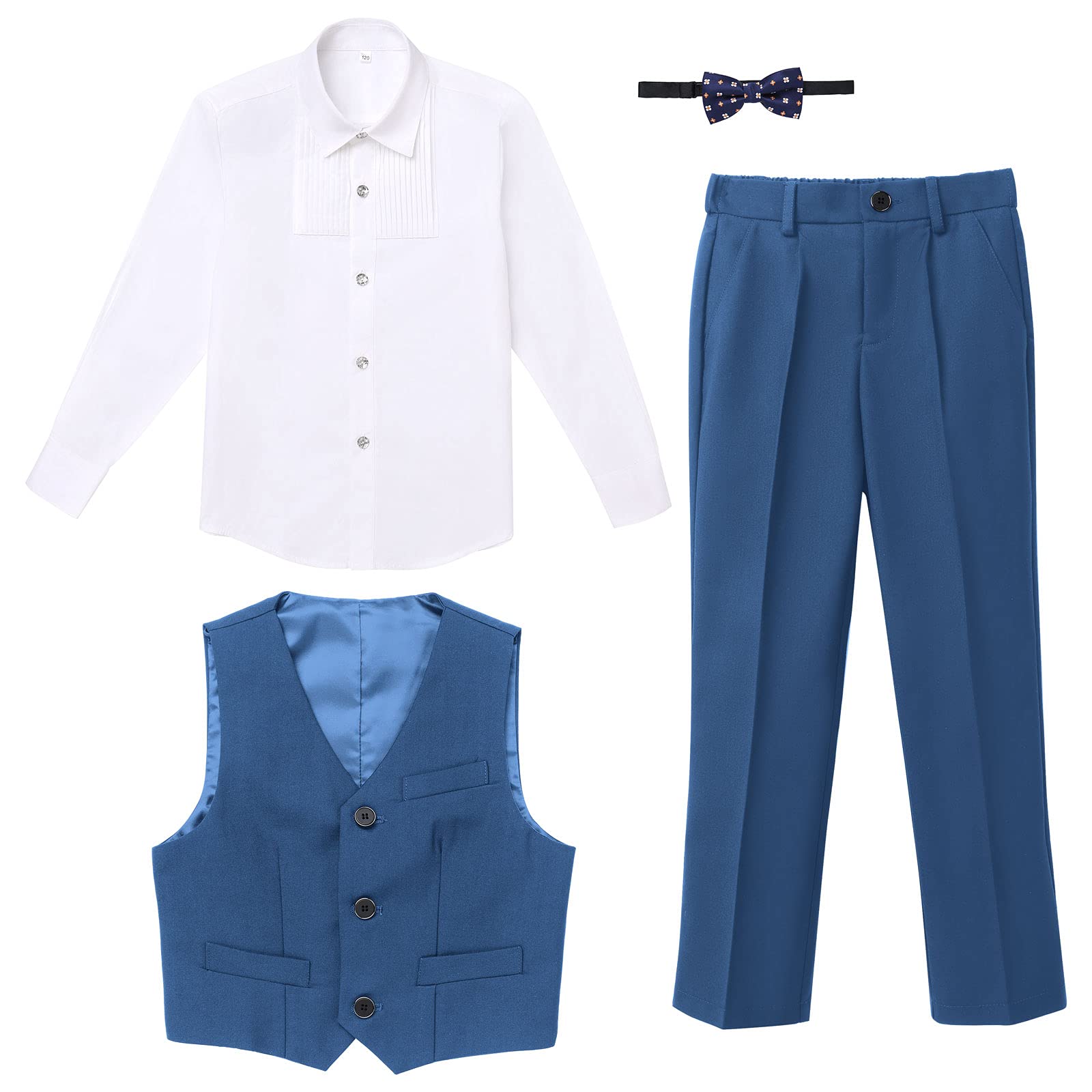 FYMNSI - Completo da smoking per bambini, a maniche lunghe, con fiocco e papillon + giubbotto + pantaloni, set di formale, festa di matrimonio, cerimonia, 4-16 anni, blu, 6-7 Anni