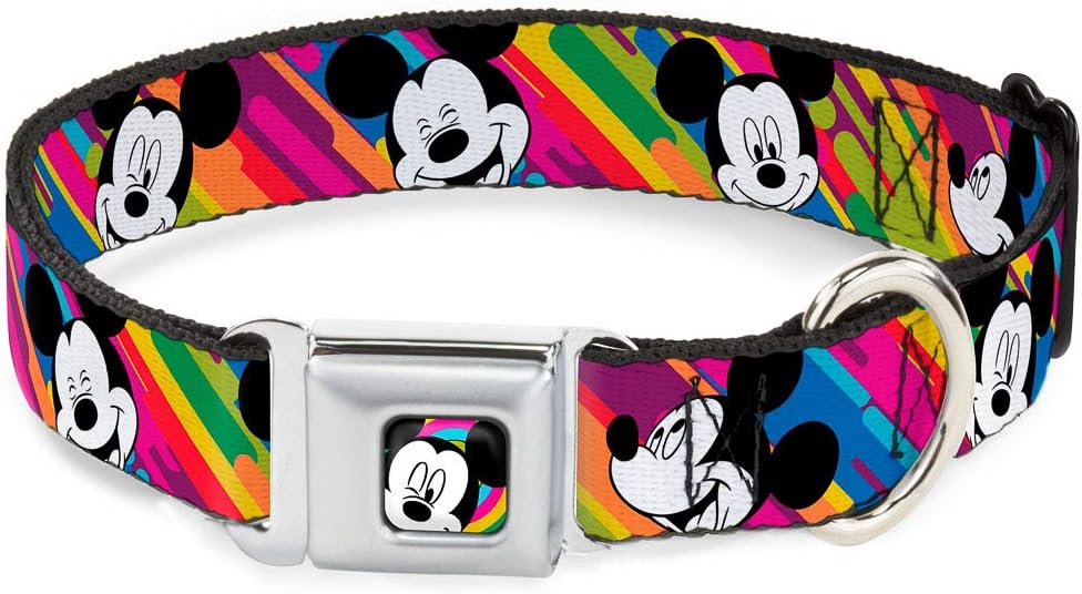 Buckle-Down Seatbelt Buckle Dog Collar - Mickey Mouse Expressions Multi Color White/Black - 1" Wide - Fits 9-15" Neck - Small