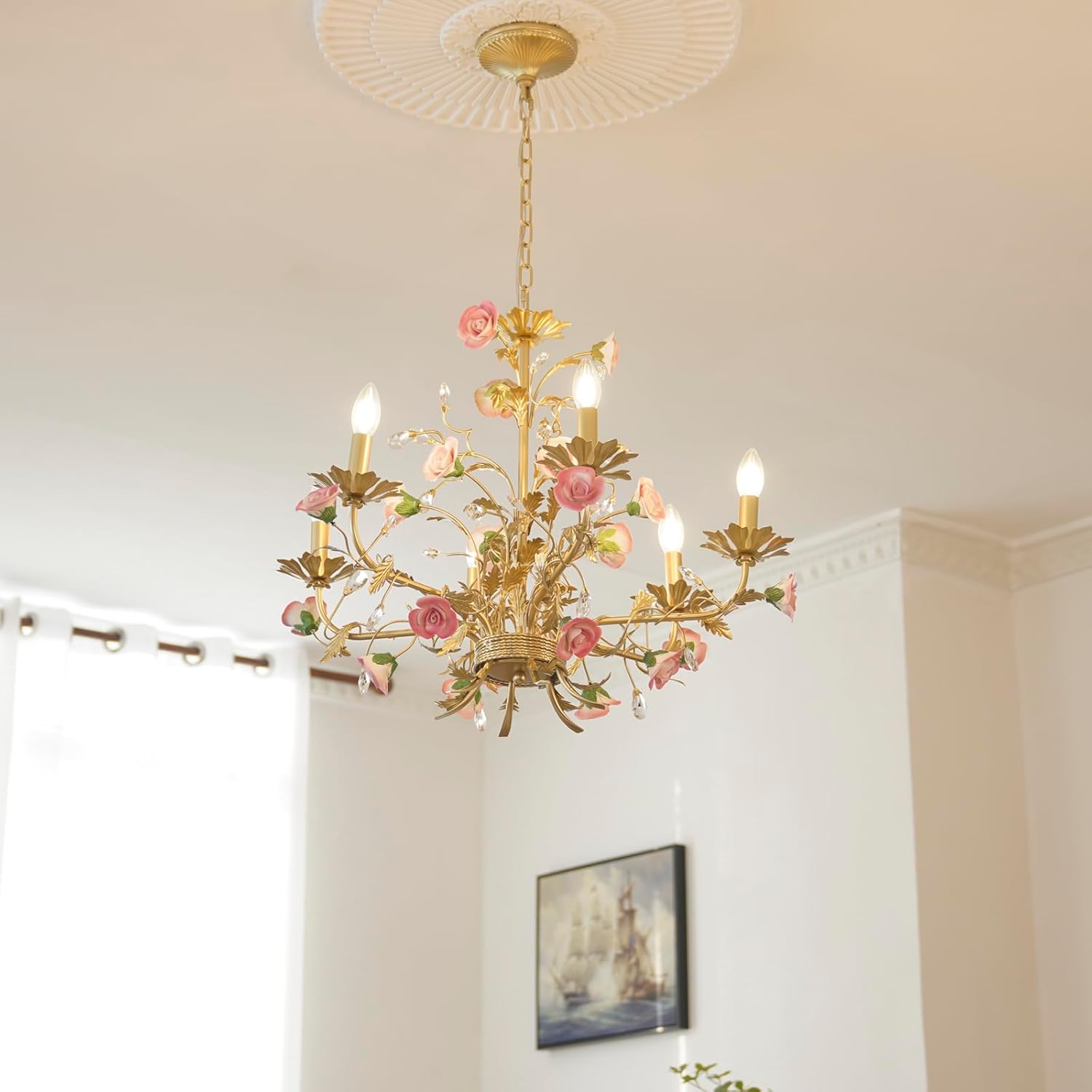 Farmhouse Dining Room Over Table Chandelier, Hanging Light Fixture Pink Bedroom, Art Deco Unique Rustic Tree Lamps Leaves Lighting Fixtures, Foyer Living Room kitchen Ceiling Crystal Pendant Lights