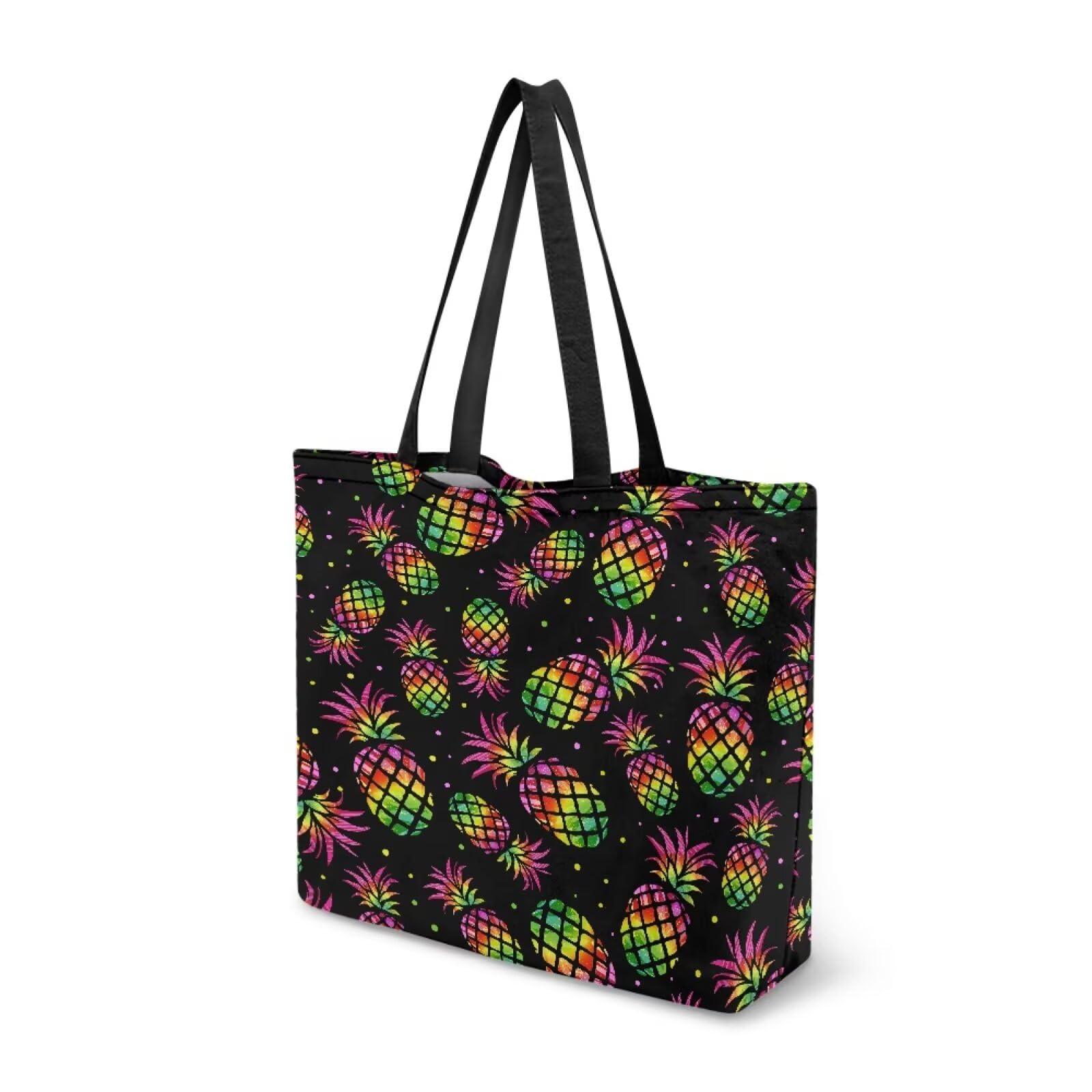 Dngkaoje Pineapple Canvas Tote Bag for Women Summer Furit Print Grocery Bag with Inner Pocket Canvas Shopping Shoulder Hanadbag for Women with Zipeer Reusable Travel Handbag Summer Tote Purse