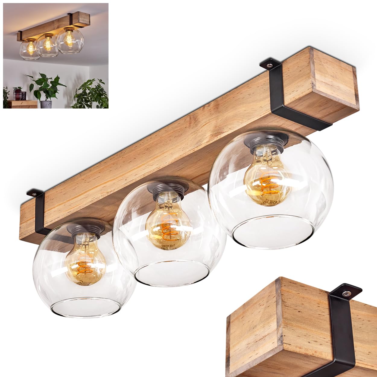 Hofstein Light/Black Montgomery Ceiling Ceiling Lamp Made Of Metal/Wood/Glass In Black/Natural/Clear, Scandinavian Design Luminaire With Wooden Beam (60 Cm) And Glass Globes (Ø 15 Cm), 3 X E27 Socket, Without Bulbs
