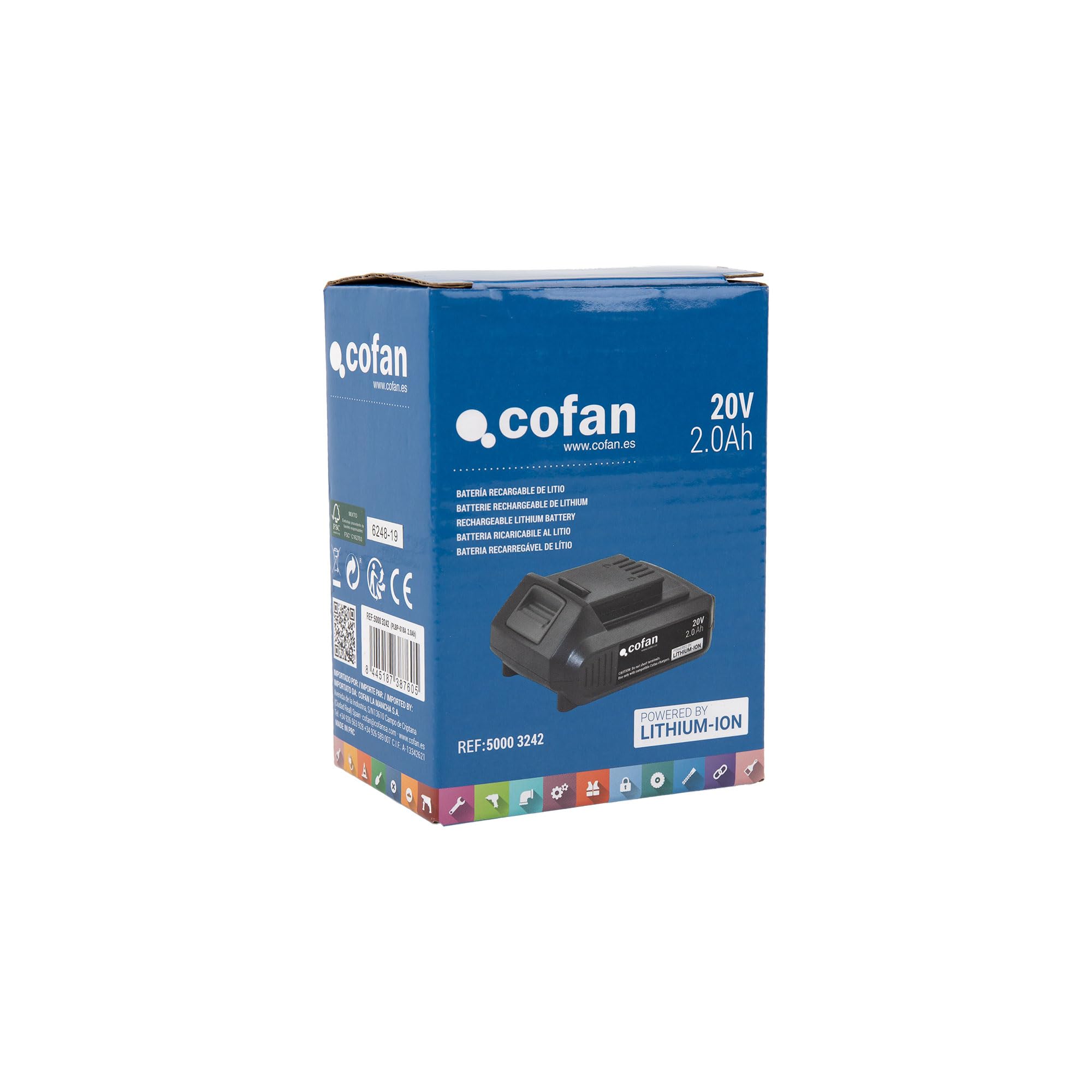 Cofan Batteria ricaricabile agli ioni di litio da 20 V e 2,0 Ah | Adatto per strumenti Cofan | Sistema 1 For-All | Indicatore di carica | Protezione da sovraccarico, sovratensioni e cortocircuiti