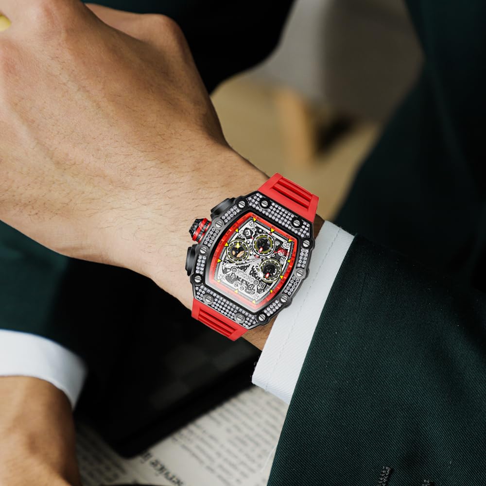 Mens Bling Punk Diamond Cronógrafo Relojes Moda Estilo Silicona Banda Deportes Reloj De Pulsera Reloj Rojo Multicolor