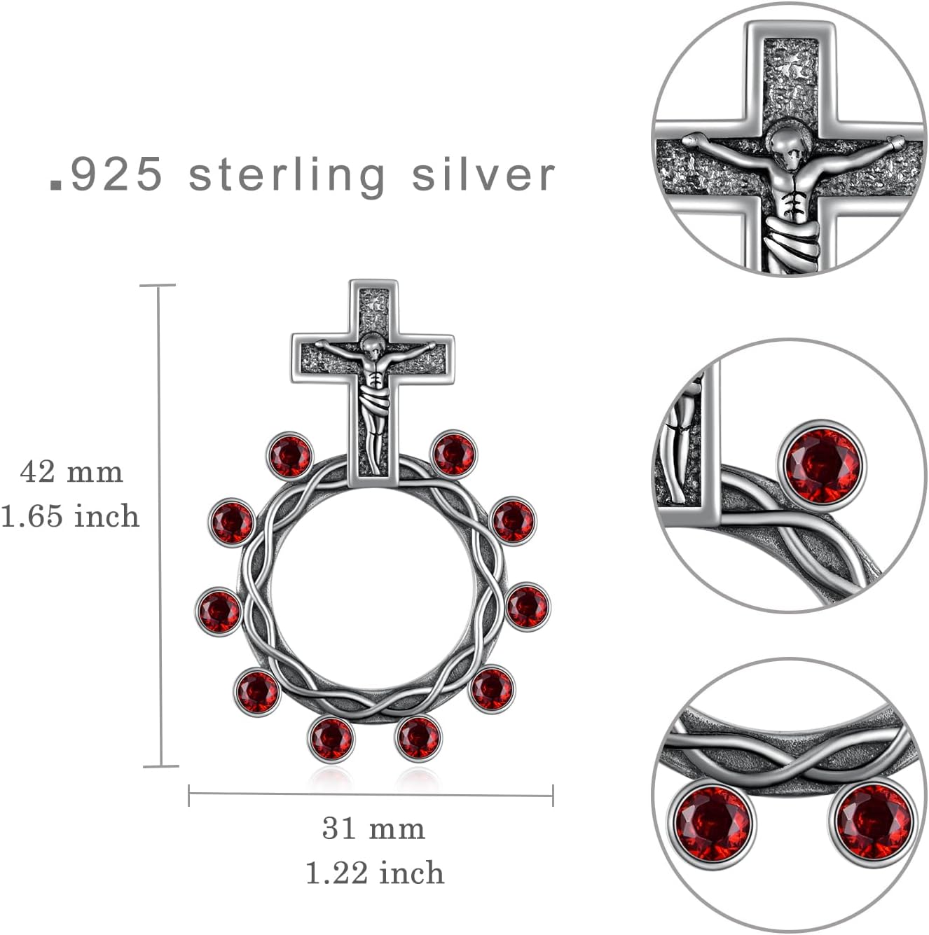 925 Sterling Silver Crucifix Rosary Ring - One Decade Rosary Ring, Catholic Pocket Rosary Ring for Men and Women