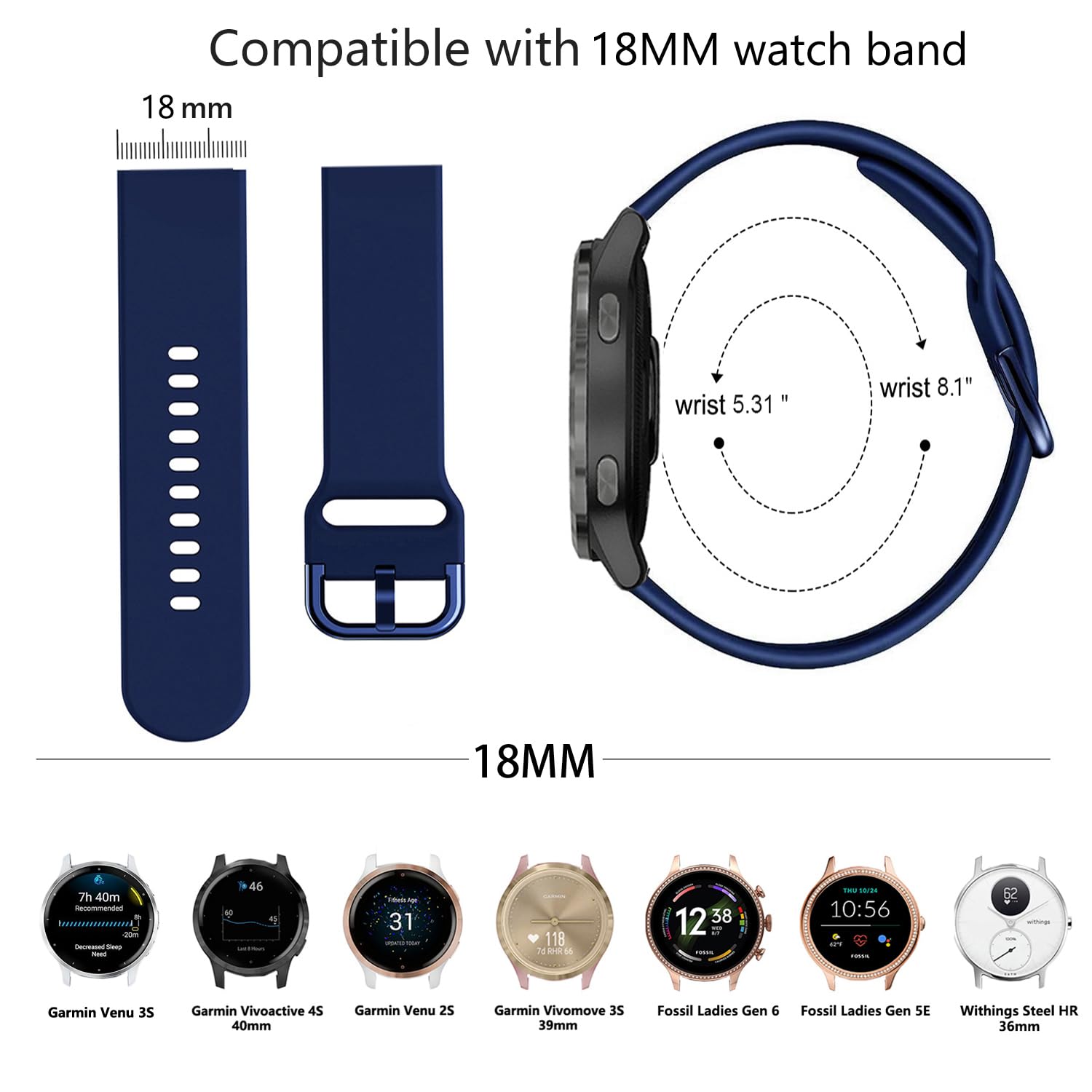 Issinlky band for Garmin Venu 4 41mm/Venu 2S/3S/Vivoactive 4S/Vivomove 3S, 18mm band Soft Silicone strap for Fossil Ladies Gen 6/5E/4/3 - Image 3