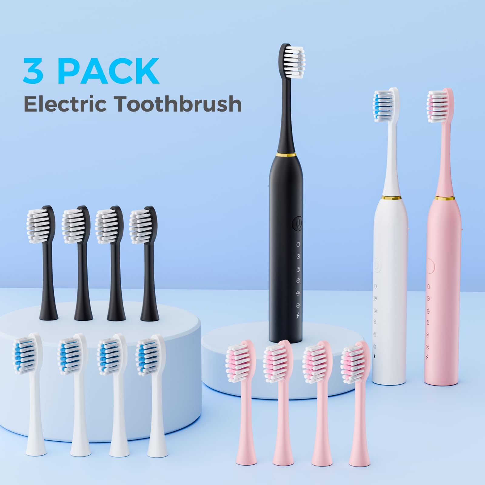 Dnil Juego de 3 cepillos de dientes eléctricos sónicos, 42000 VPM vibraciones de alta frecuencia para limpieza profunda, 6 modos de cepillado con temporizador inteligente, 12 cabezales de cepillo de