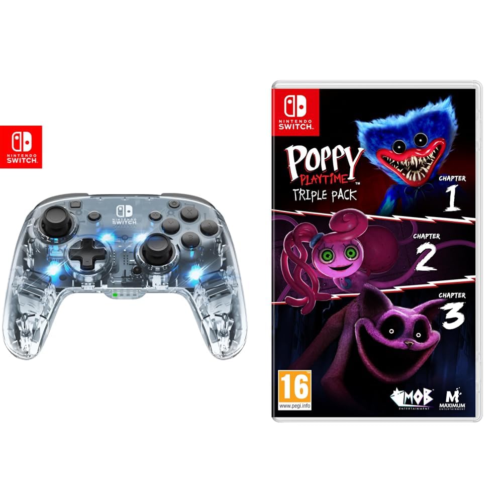 PDP Mando Afterglow Deluxe Wireless Nintendo Switch, Normal, Gris (Prismatic) + POPPY PLAYTIME TRIPLE PACK - NINTENDO SWITCH