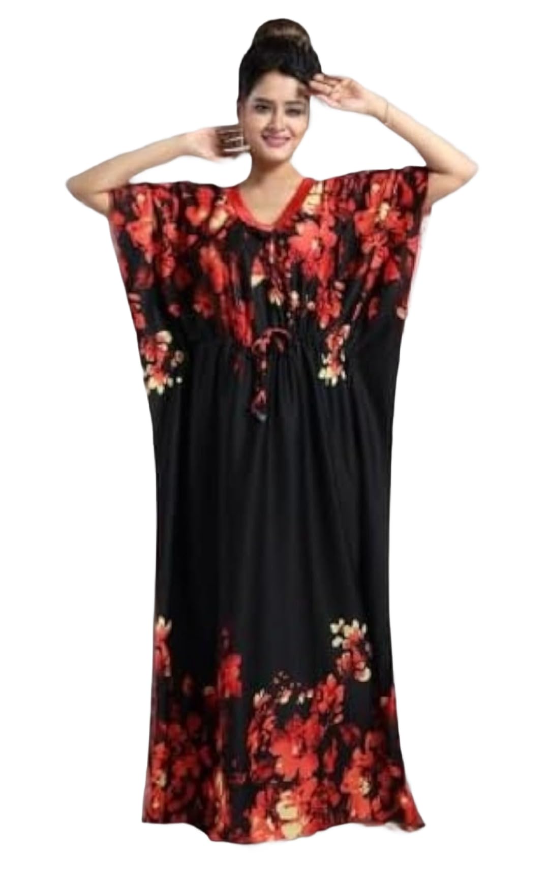 Satin Kaftan nighites/Maxi for Ladies/Women/Nightgown/Maxi/Floral Black and Orange-image-48