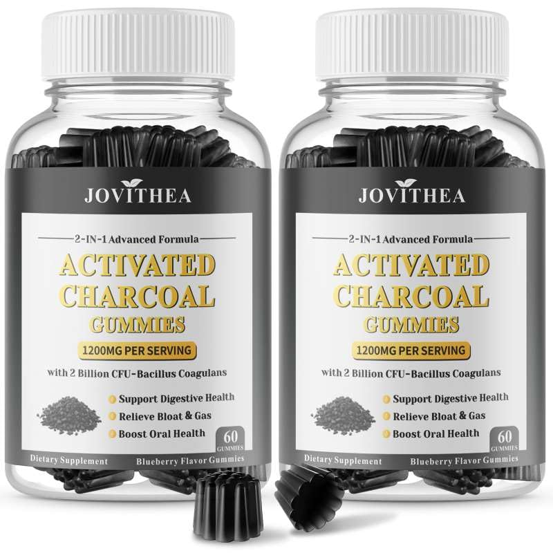 2 Pack Activated Charcoal Gummies 1200mg with Organic Coconut Shell Charcoal & 2 Billion Probiotics Natural Gas & Bloating Relief Digestive Support Non-GMO Vegan Gluten Free Blueberry Flav 120Ct