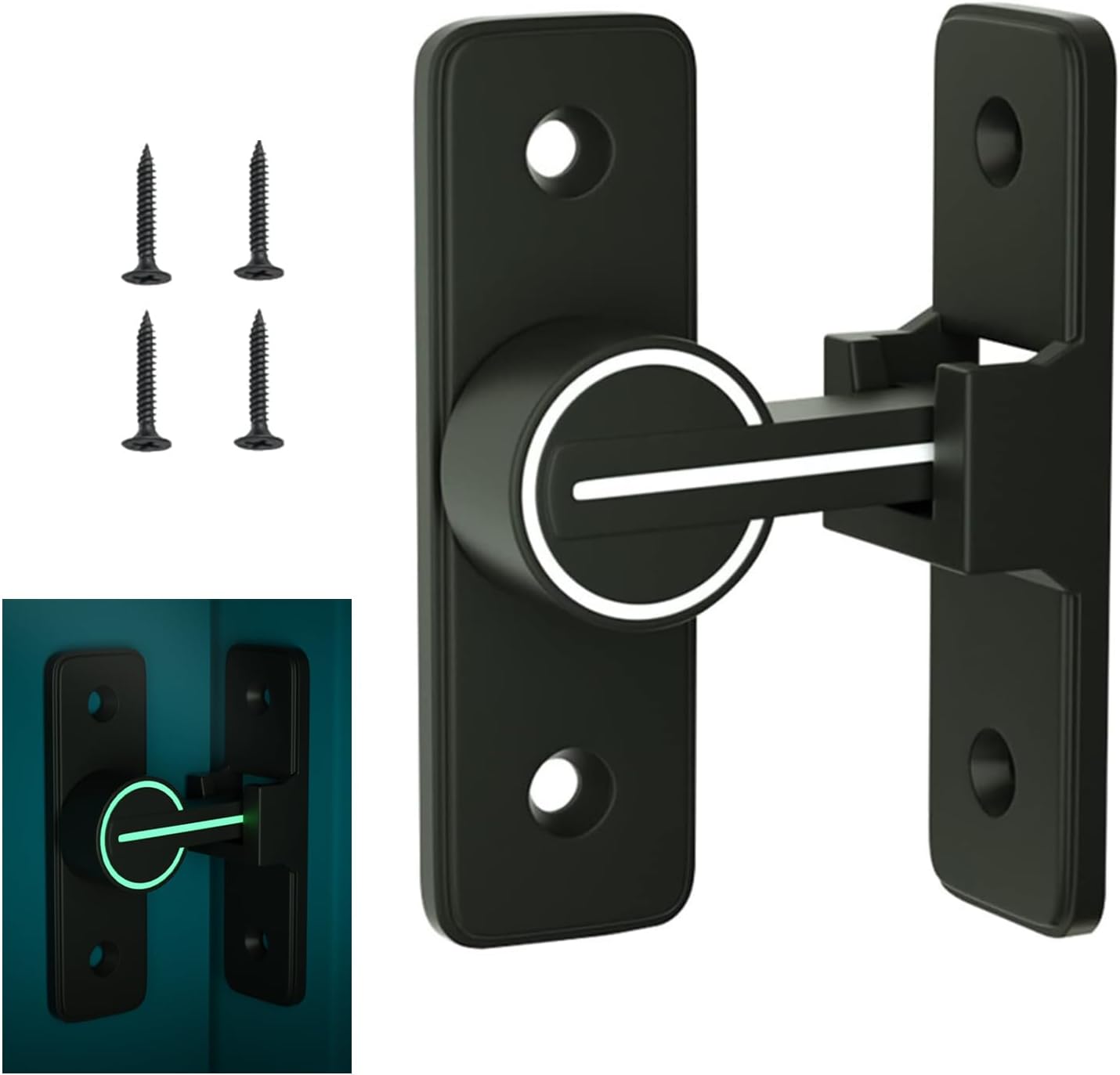 Barn Door Lock Hardware, 90 Degree Heavy Duty Gate Latches Flip Latch Safety Door Bolt Latch Lock, Barn Sliding Door Latch Lock Suitable for Garden, Bathroom, Outdoor, Garage (Black Luminous)
