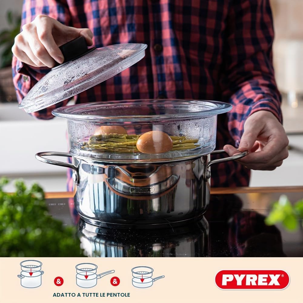 Pyrex - Doppio cestello vapore 20cm e coperchio con manopola - Cottura a vapore - Vetro borosilicato - Made in France (2 cestelli vapori), ALB238-LOG