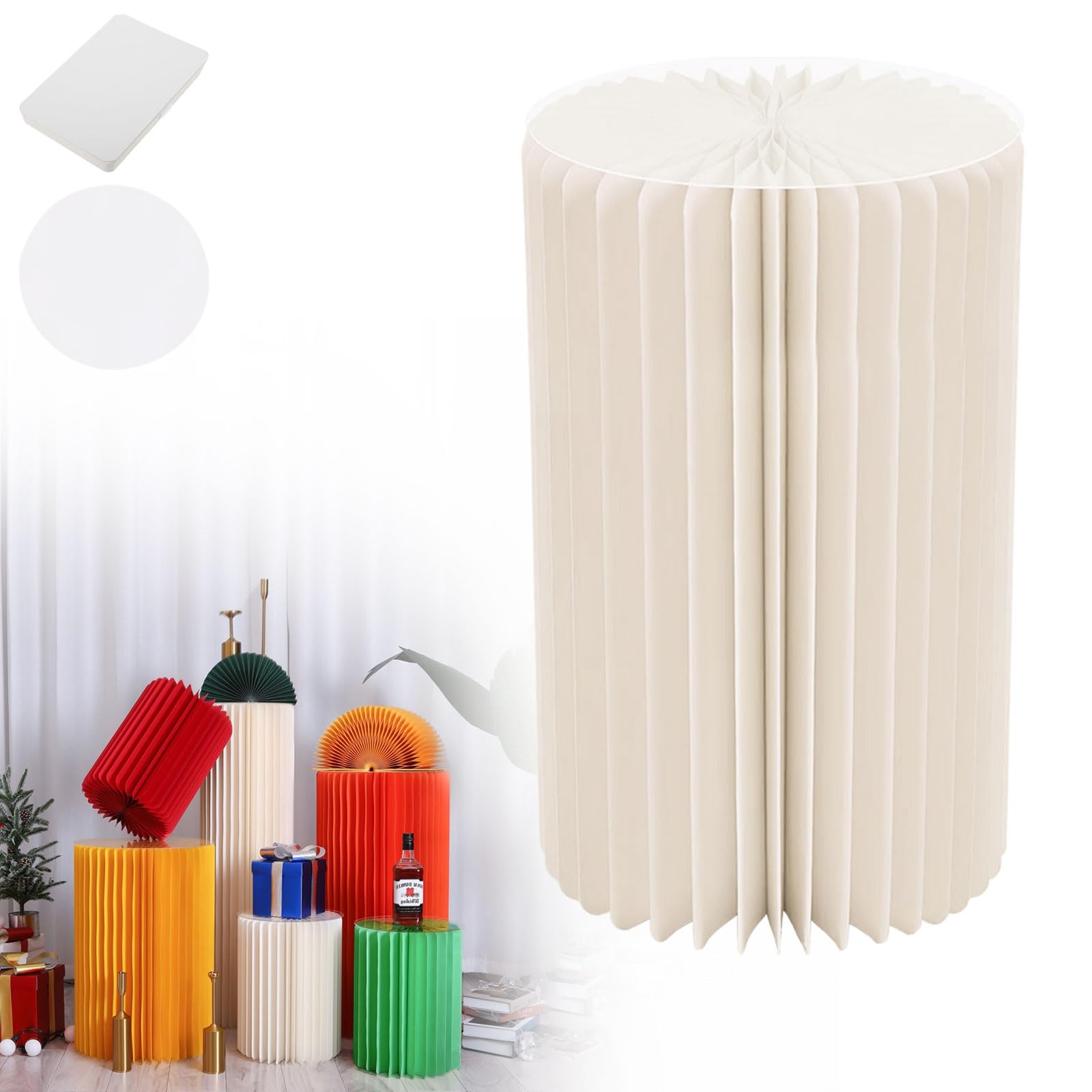 YTBHSHXZ plinth， Foldable Cardboard Cylinder Pedestal Stand With Transparent Plate Multicolor 20-100cm(Creamy White,H 60cm)