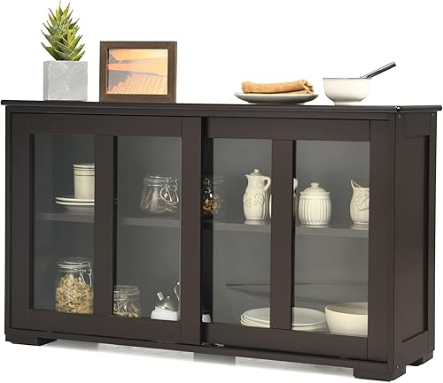 Miniatura 10 de LOKO Armario apilable para bufé, armario de almacenamiento de cocina con puertas corredizas de vidrio templado, pequeño aparador para cocina, Negro