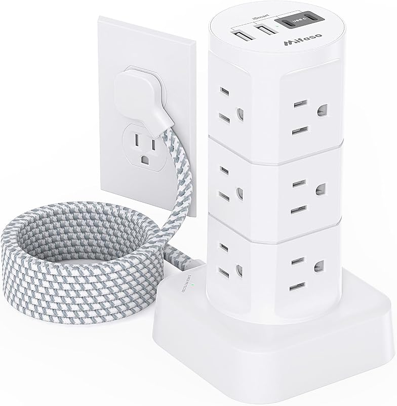 Power Strips with Surge Protection, Flat Plug Power Strip Tower | Charging Station 12 Outlets 4 USB Ports, 1080J 6Ft Extension Cord with Multiple Outlets, Office Supplies, Dorm Essentials