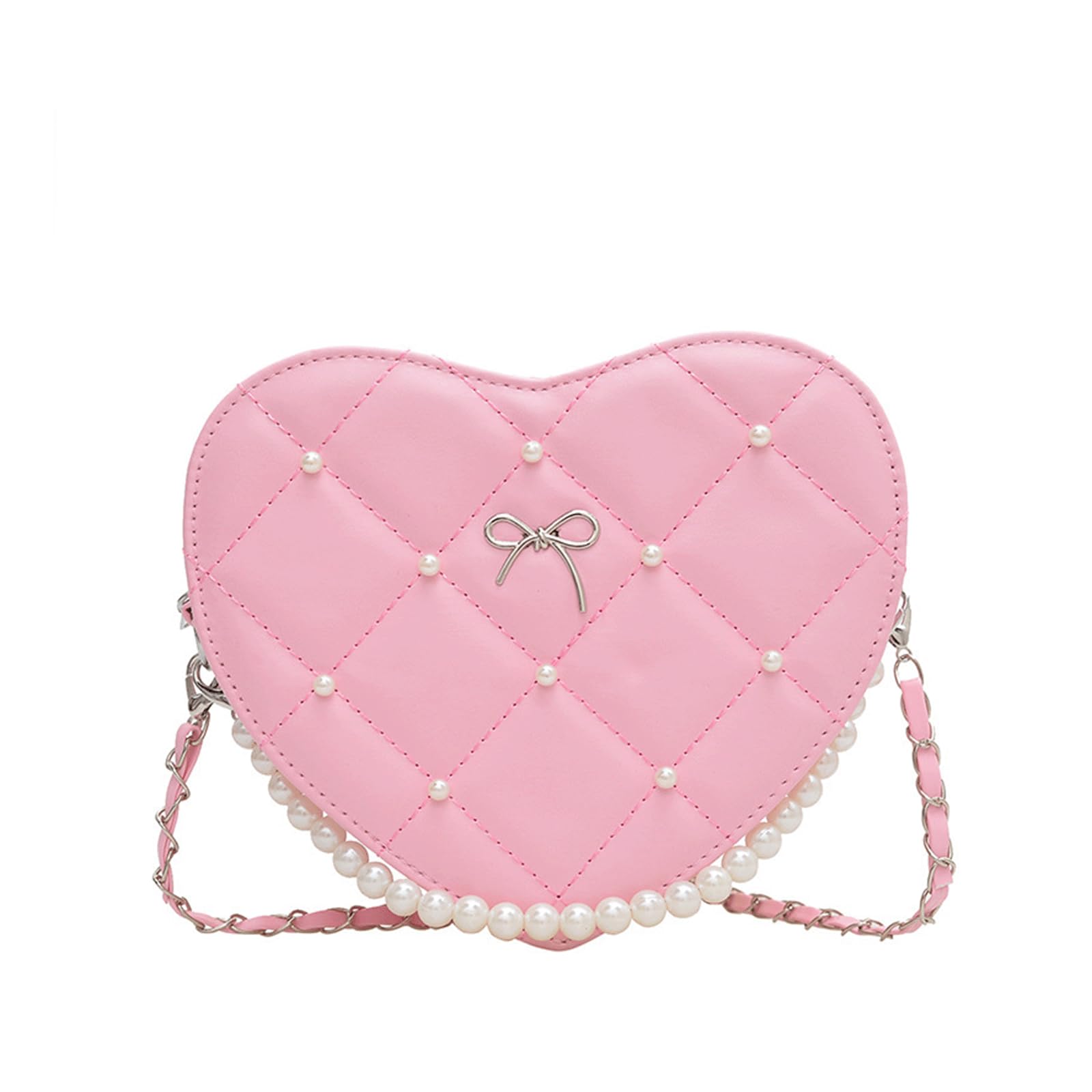Heart Purse Quilted Valentine Purse Pearl Heart Shaped Shoulder Bag Zipper Cute Bow Crossbody Satchel Handbag