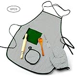 El paquete incluye: un juego incluye 1 delantal, 1 manopla, 1 rodillo de horno, 1 cuchara de madera, 1 mezclador de mano, 1 alfombra resistente al calor. Ajuste para chef pequeño.