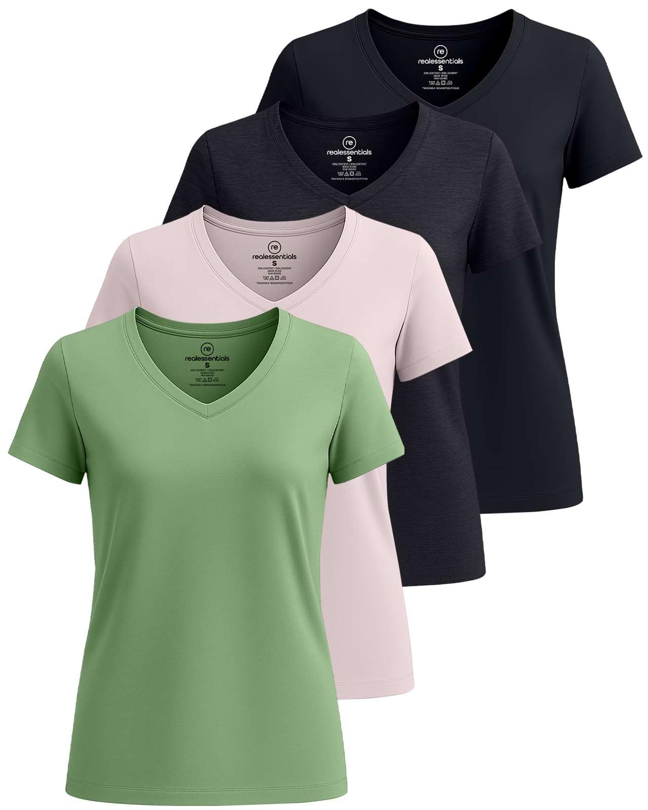 Real Essentials 4 Pack: Women's Classic-Fit Cotton Short-Sleeve V-Neck T-Shirt (Available in Plus Size)