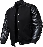 FANARCHER Men's Varsity Baseball Jacket with Faux Leather Sleeves - Lightweight Cotton Blend Letterman Bomber Coat