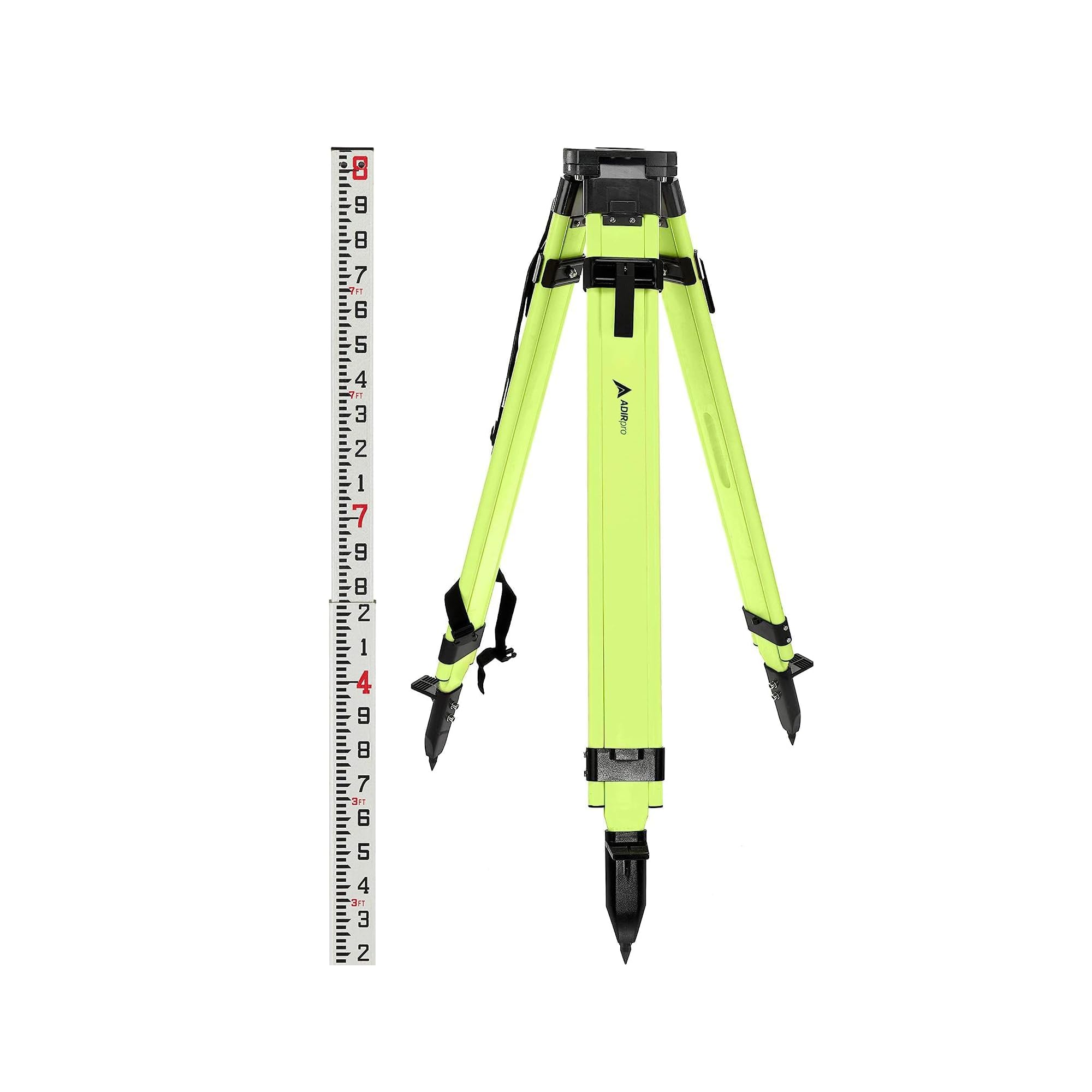 AdirPro High Visibility Universal Survey Tripod (Green), & AdirPro 13-Foot Fiberglass Grade Rod (10Ths, 3 Sections) Bundle