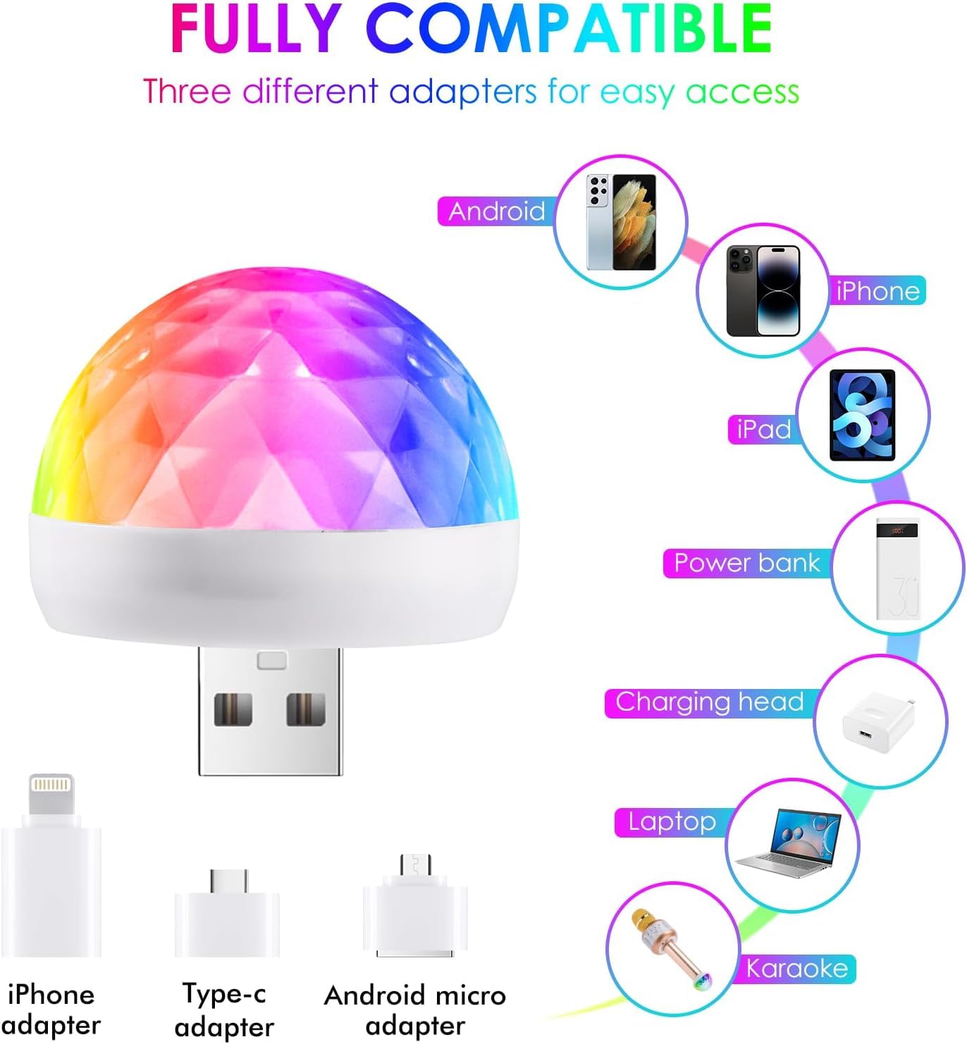 3 Luci Disco USB Portatili - Mini Sfere RGB Con Sensore Suono, Per Feste, Auto, Karaoke E Compleanni