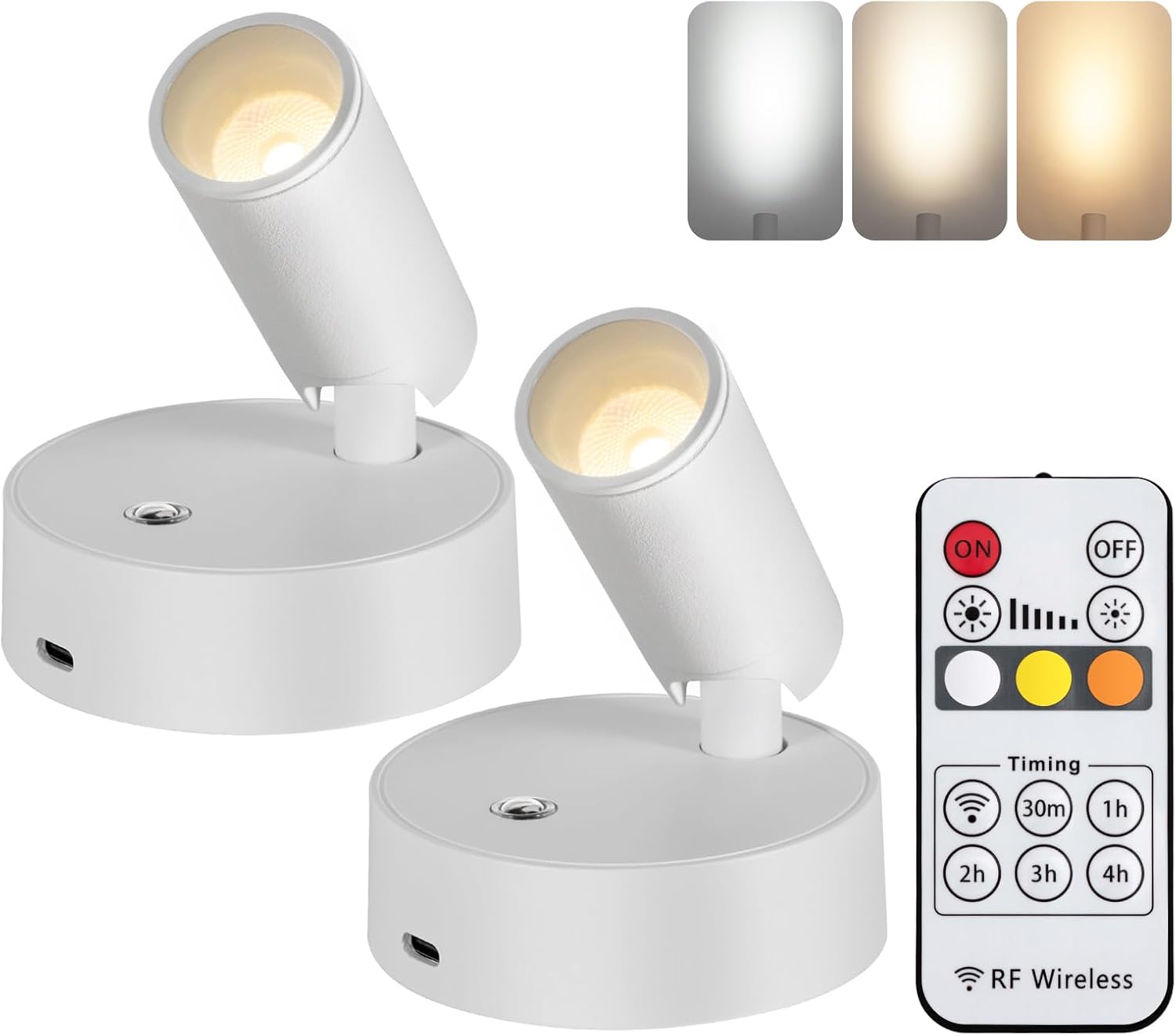 2 Pack Wireless Spotlights Indoor with Remote Up Lights Indoor Picture Light Battery Operated Spot Lights with 3 Color Dimmable Uplighting Indoor Stick on Wall Light for Plant Artwork White