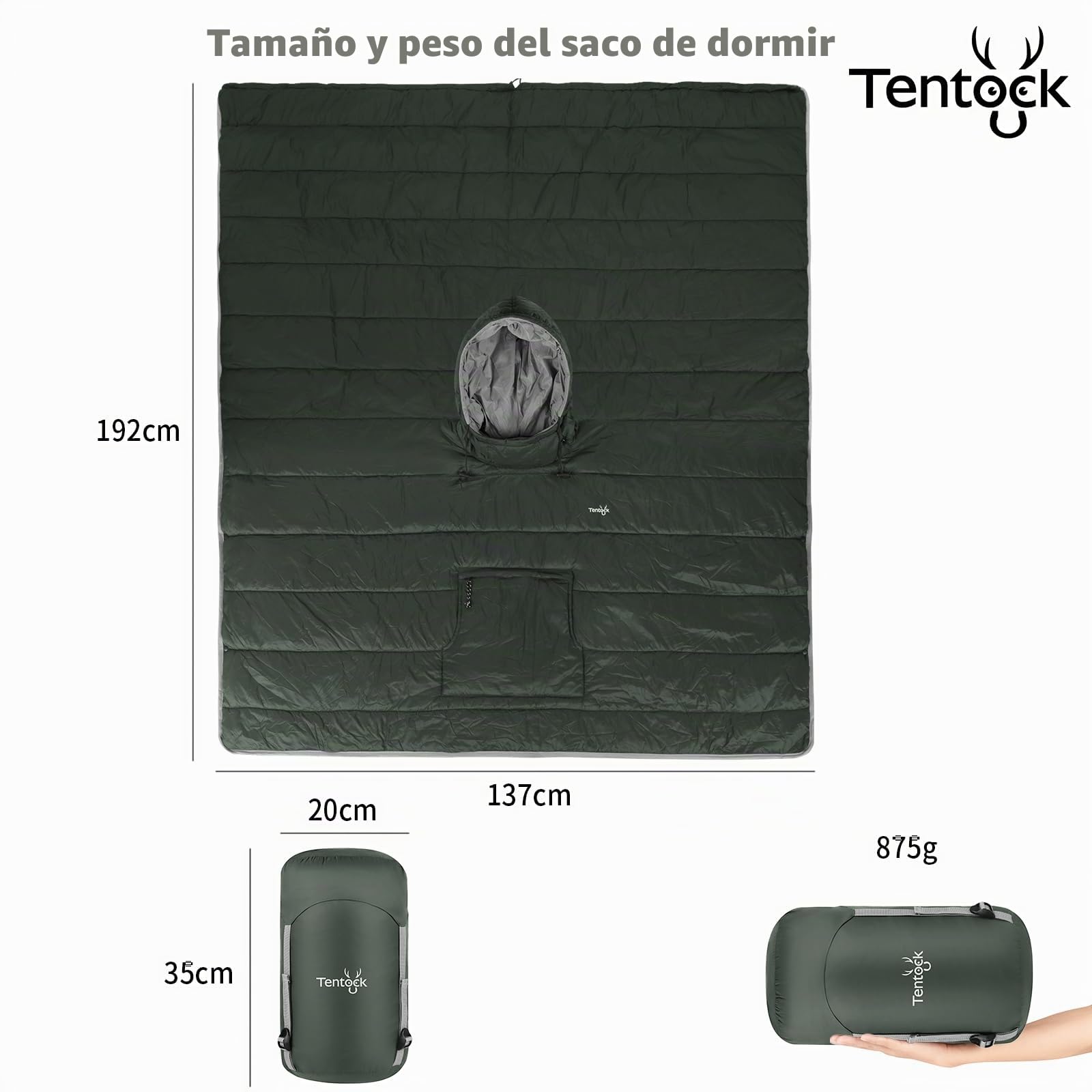 Tentock Unisex Poncho de Invierno con Capucha Edredón Pequeño y Cálido Saco de Dormir Ultraligero Impermeable para Acampar Picnic Pesca Viajes