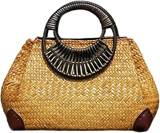 SKROWHN Borse di Paglia da Donna Donne Bamboo Summer Summer Beach Tote Bags Borse da Donna Handmade Vintage Manico in Legno Borse da Viaggio Borse da Viaggio Borse da Viaggio