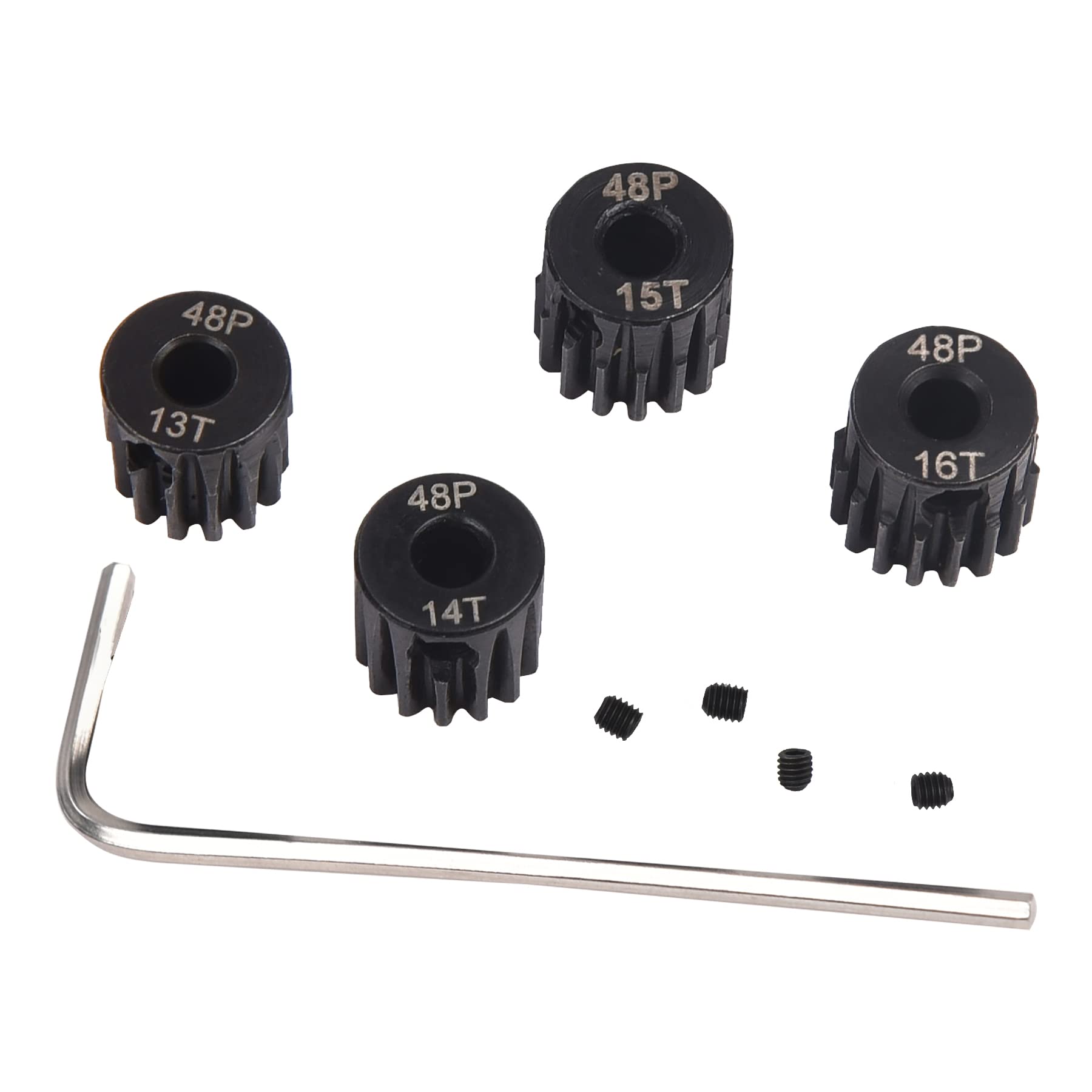 Hosim Pinion Gear 48p Set Hardened 13T 14T 15T 16T 3.175mm RC Motor Pinion Gear Metal RC Car Replacement 4pcs Motor Gears Set with Hex Key for 1/10 RC Brushless Brush Motor RC Upgrade Part