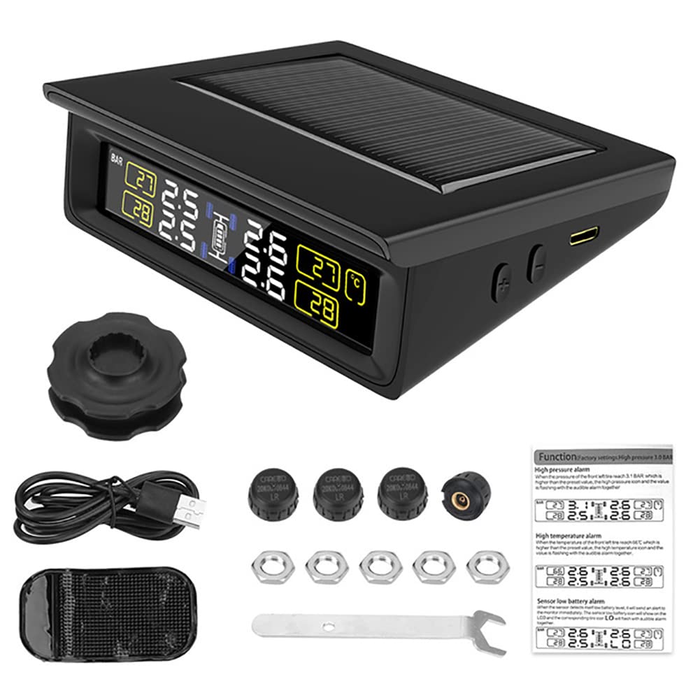 TPMS Solare Sistema di Monitoraggio della Pressione (0-8BAR), Monitor Wireless TPMS con 4 Sensori di Pressione dei Pneumatici, Display in Tempo Reale, Pressione E Temperatura