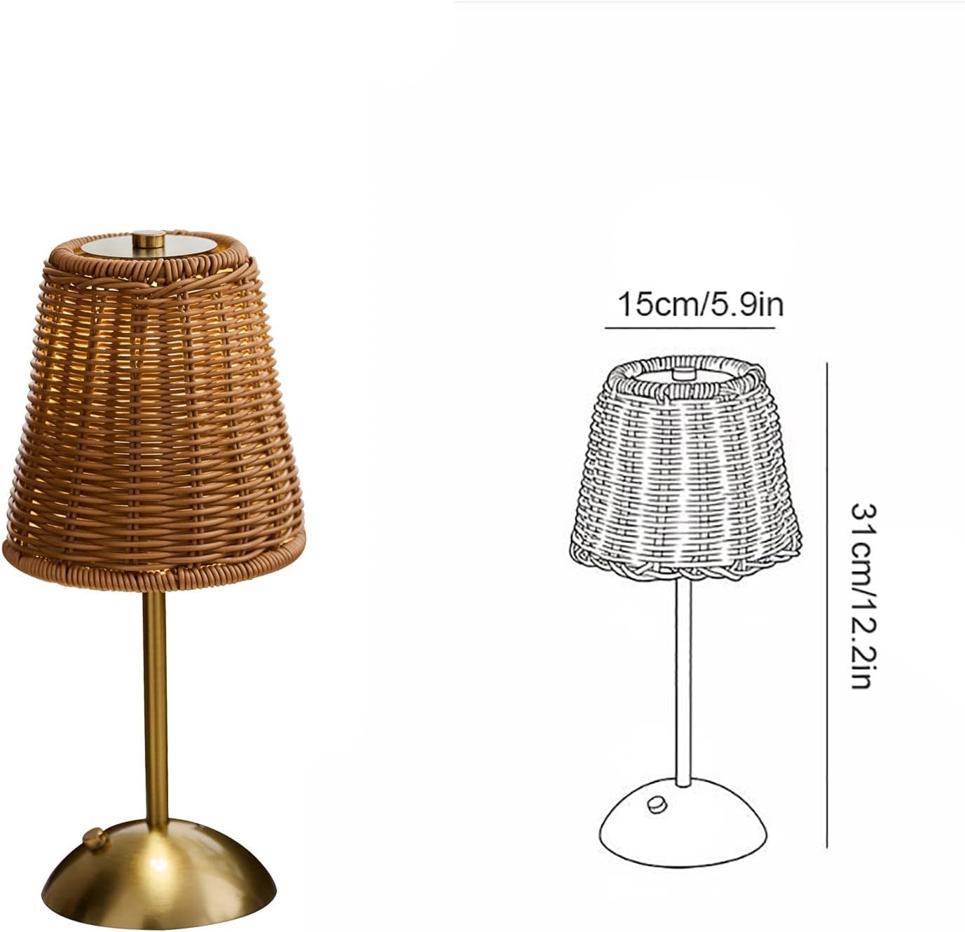 Cordless Rattan Table Lamp, 12 Inch Bedside Lamp LED Rechargeable Wicker Woven Lamps Battery Operated Boho Bedside Lamps with 3 Colors Dimmable for Bedroom Living Room Office Home Decor (Brown)