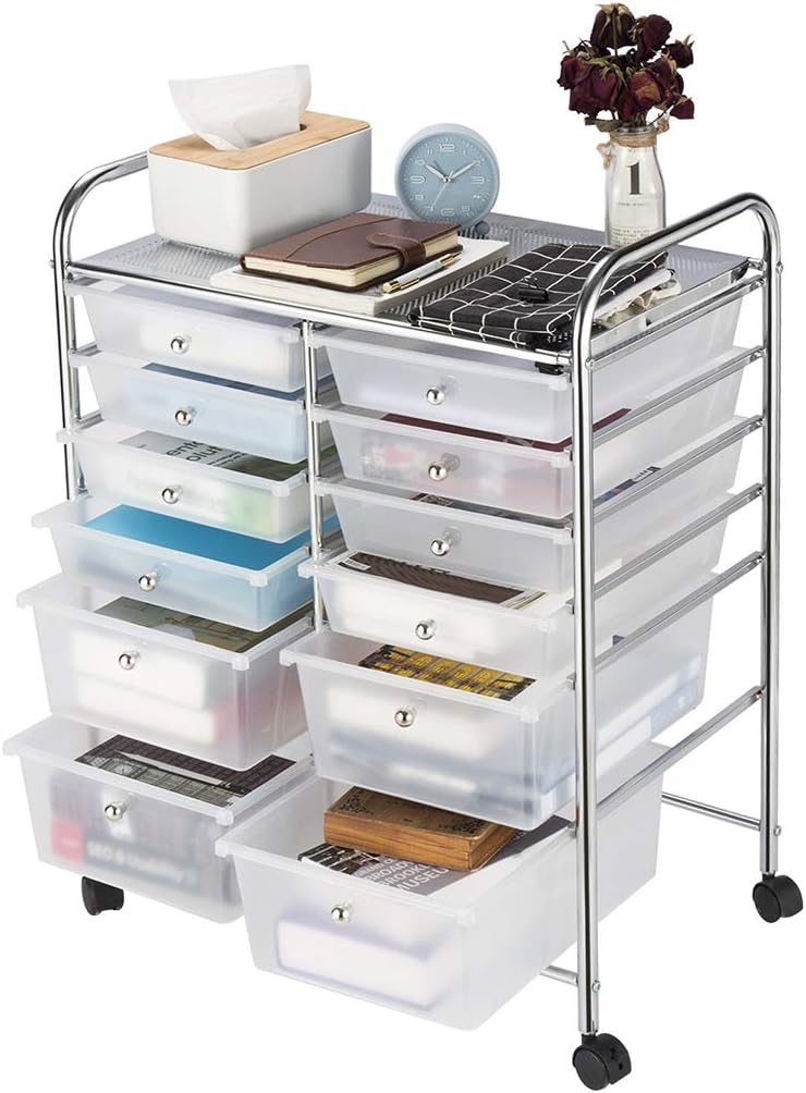 12-Drawer Storage Trolley, Multipurpose Storage Drawer Rolling Cart, Storage Units with Locking Casters for Office Home Kitchen Living Room Kids Bedroom Studio Garage, Transparent White