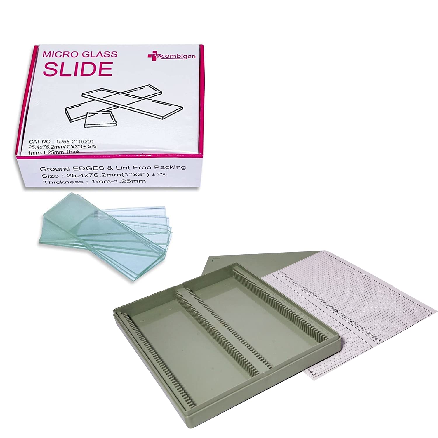 Clear & Sure Frosted Microscope Glass Slide and 100 Slide Box, Ground Edges & Lint Free Packing | 25.4x76.1mm | Pack of 50 Slide