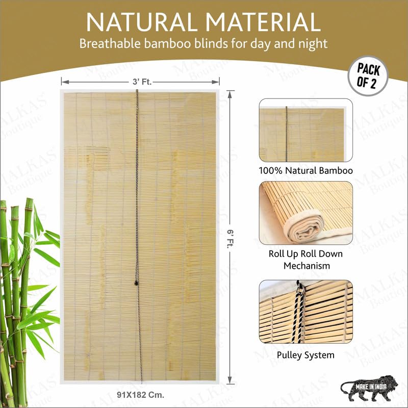 Image of W 3 Ftx H 6 Ft (Pack of 2) Bamboo Curtain| Outdoor Roll-Up Blinds for Balcony, Veranda & Windows | Sun Protection | All-Season Bamboo Protection