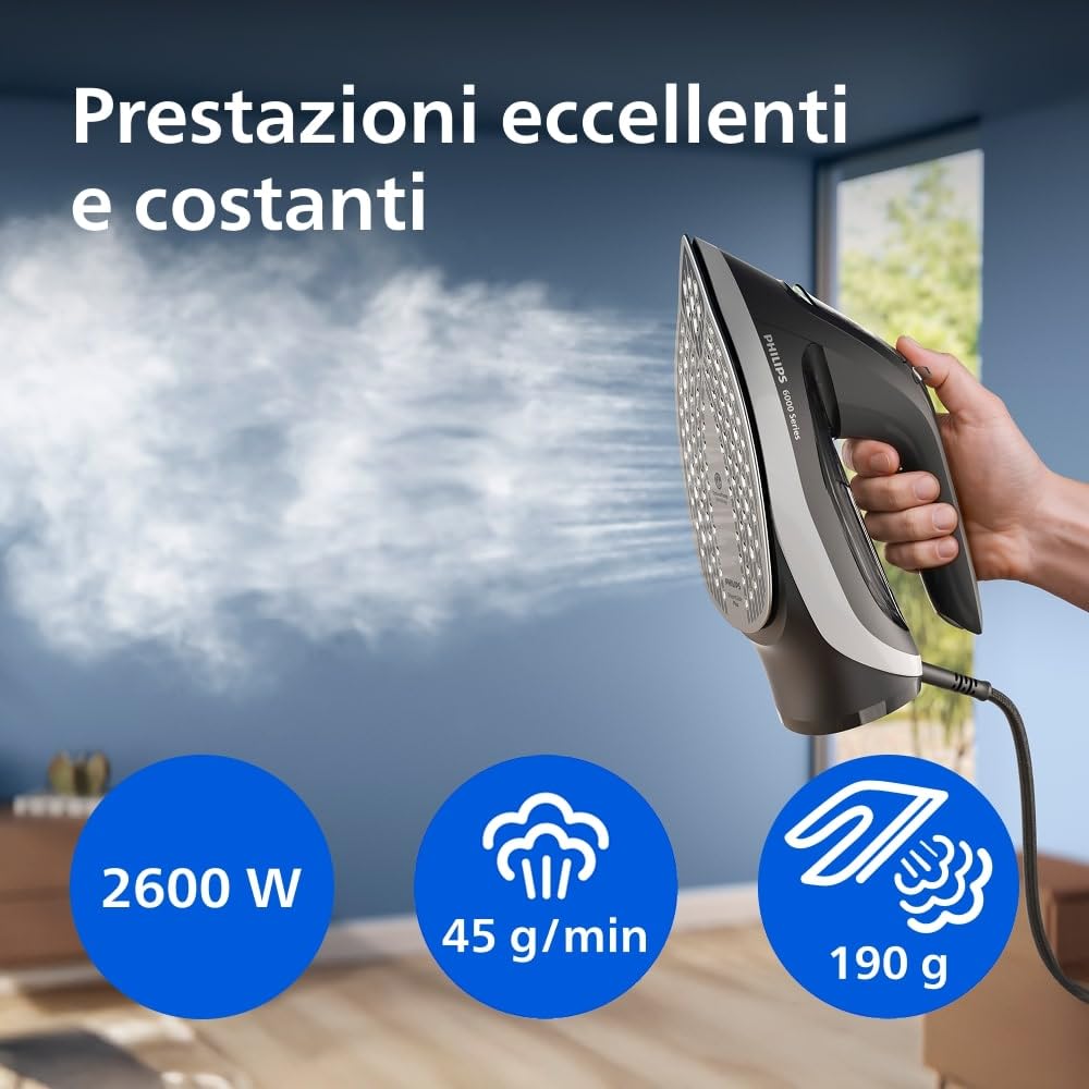 Philips Serie 6000 Ferro da Stiro a Vapore – OptimalTEMP anti-bruciatura, colpo di vapore 190 g, vapore continuo 45 g/min, piastra SteamGlide Plus, anti-goccia e spegnimento automatico (DST6120/80)