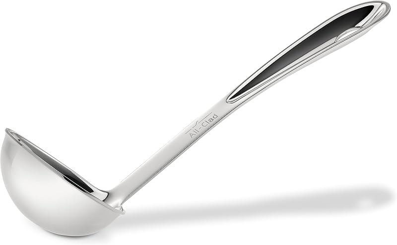 Utensilios de cocina totalmente revestidos de acero inoxidable, utensilios de cocina para cucharón de sopa, trucos de cocina plateados | Herramientas profesionales de acero inoxidable, mango ergonómico, servicio sin esfuerzo de sopas, salsas y más, resistente al calor hasta 600 °F.