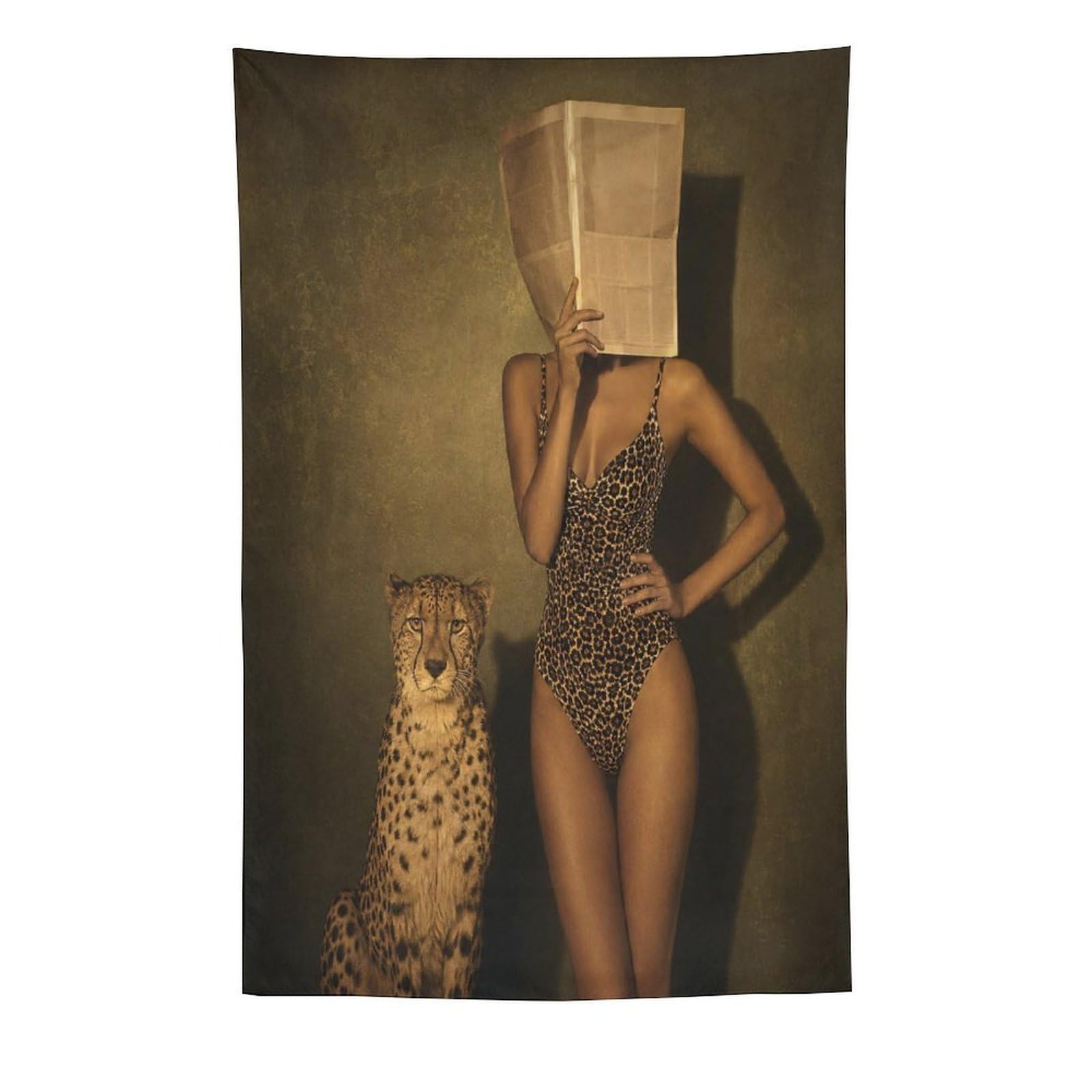 H3B8U2Y5 Paper Bag Woman with Cheetah Wall Tapestry, Minimal Studio Scene
