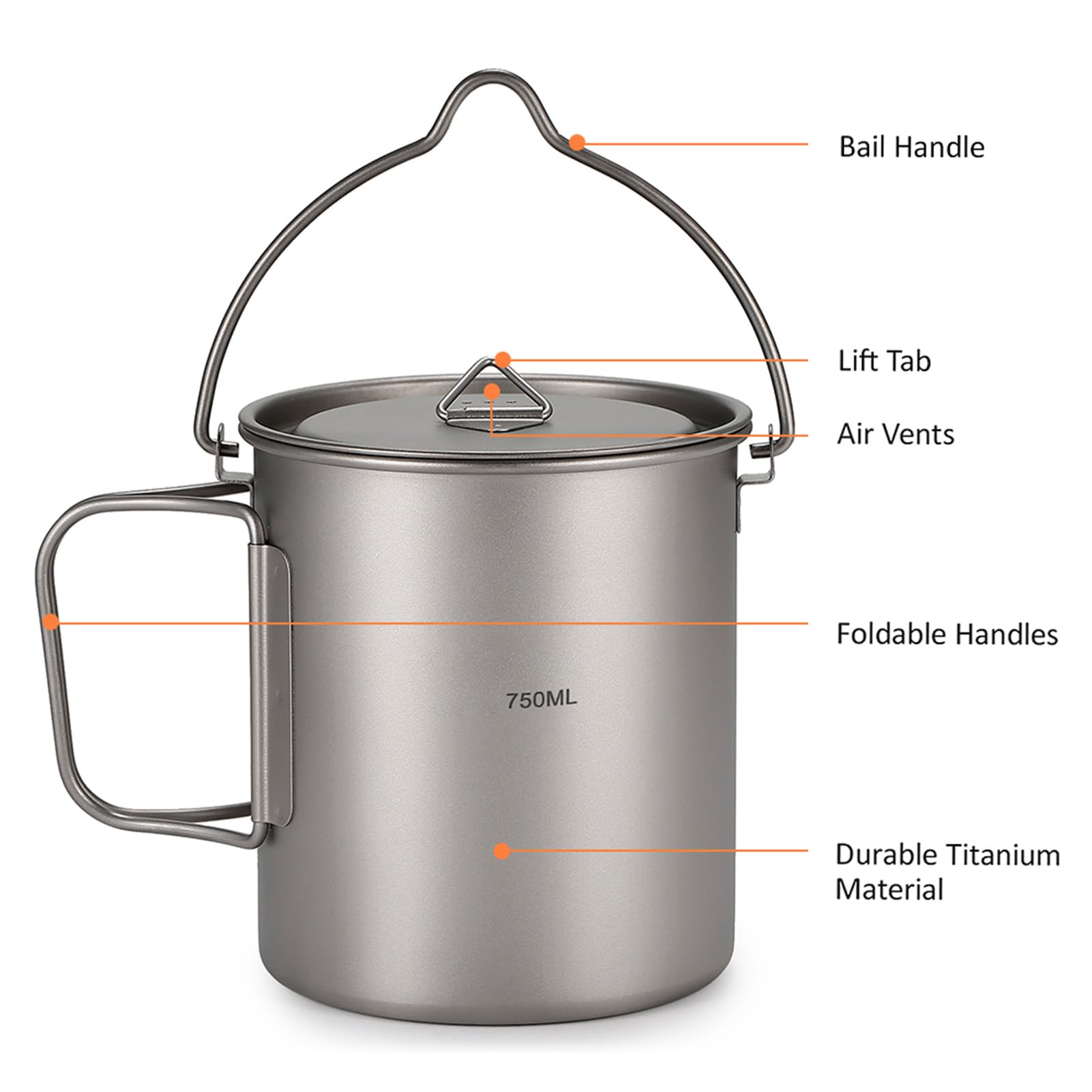 750 Ml Titan-Wasserbecher mit Deckel und Griff – Leichter Topf für Camping, Wandern, Rucksackreisen
