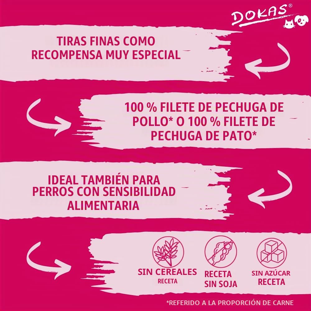 DOKAS Snack Premium sin Cereales en Tiras para Perros – de Filete de Pecho de Pato, 8 unidades