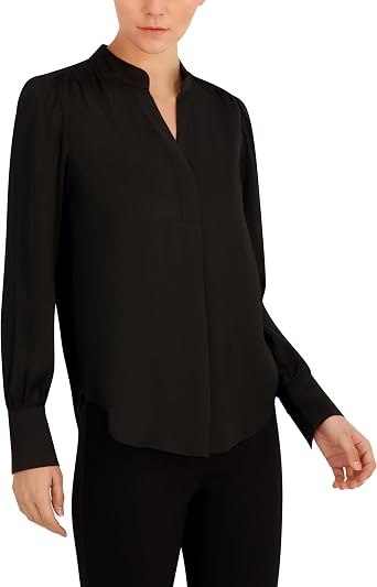 Anne Klein Women's Long Sleeve V-Neck Satin Band Collar Blouse