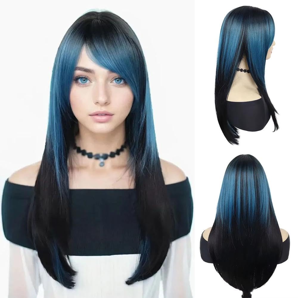 Haarpflege Blau Gemischte Schwarze Lange Gerade Perücke Für Frauen Cosplay Party Perücken(Blue Mixed Black)