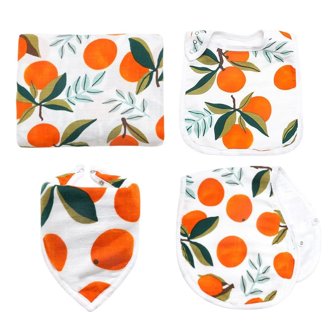Muslin Swaddle Blanket Set for Baby – 4-Piece Newborn Essentials with Swaddle, Burp Cloth &amp; Bibs, Soft Breathable Receiving Blanket | Clementine