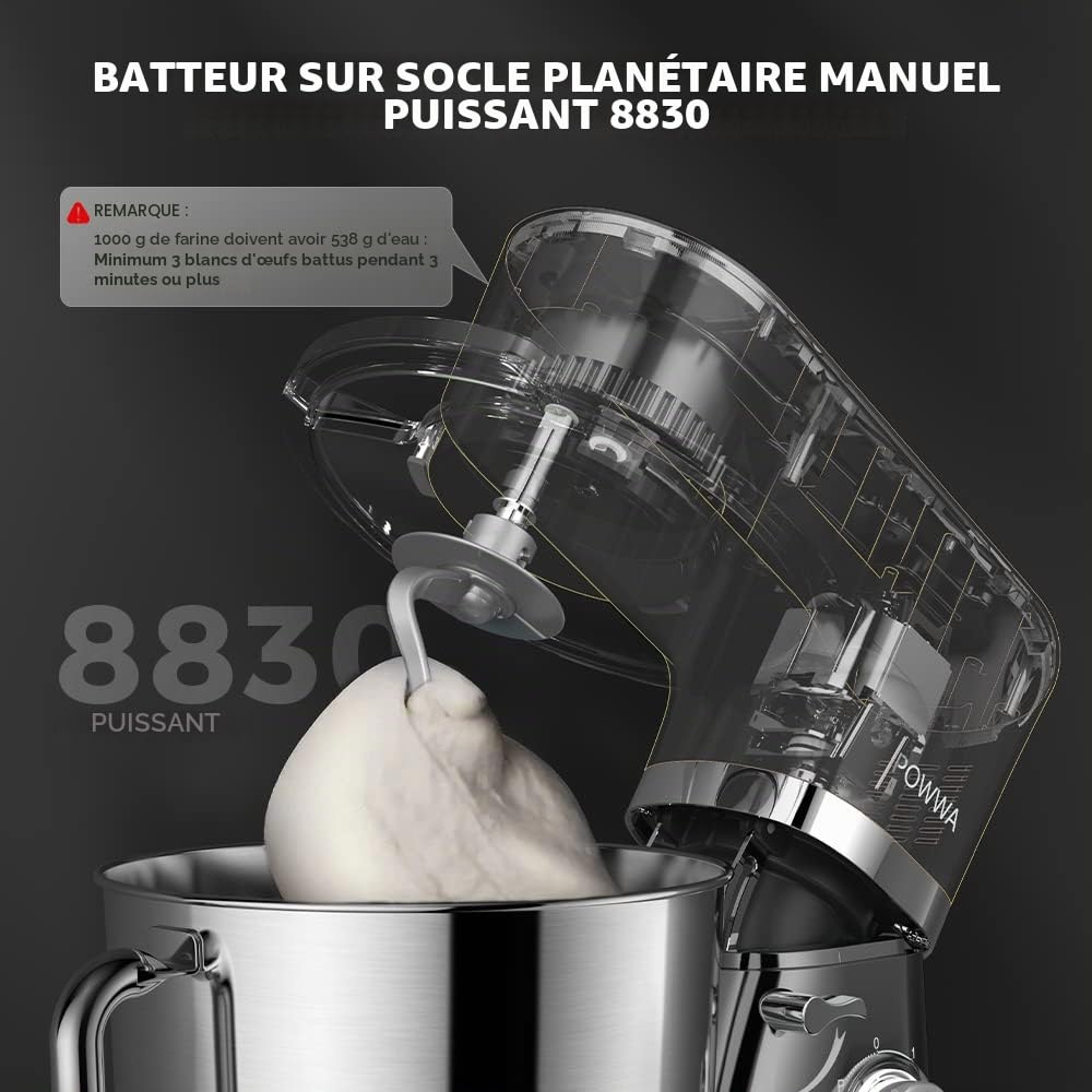 Robot Pâtissier, POWWA 1500W Pétrin Professionnel, Silencieux Robot de Cuisine Multifonctionn Pétrisseur avec Batteur Électrique, Batteur, Fouet, Couvercle, Bol 5.5 L (Noir)