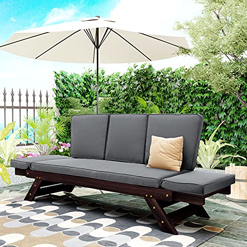 RUNNA Outdoor Patio Expandable Acacia Wood Daybed Sofa, Convertible Chaise Lounger Sofa Bed with Thick Cushion for Small Places Balcony Poolside Backyard (Brown Finish+Gray Cushion 01)