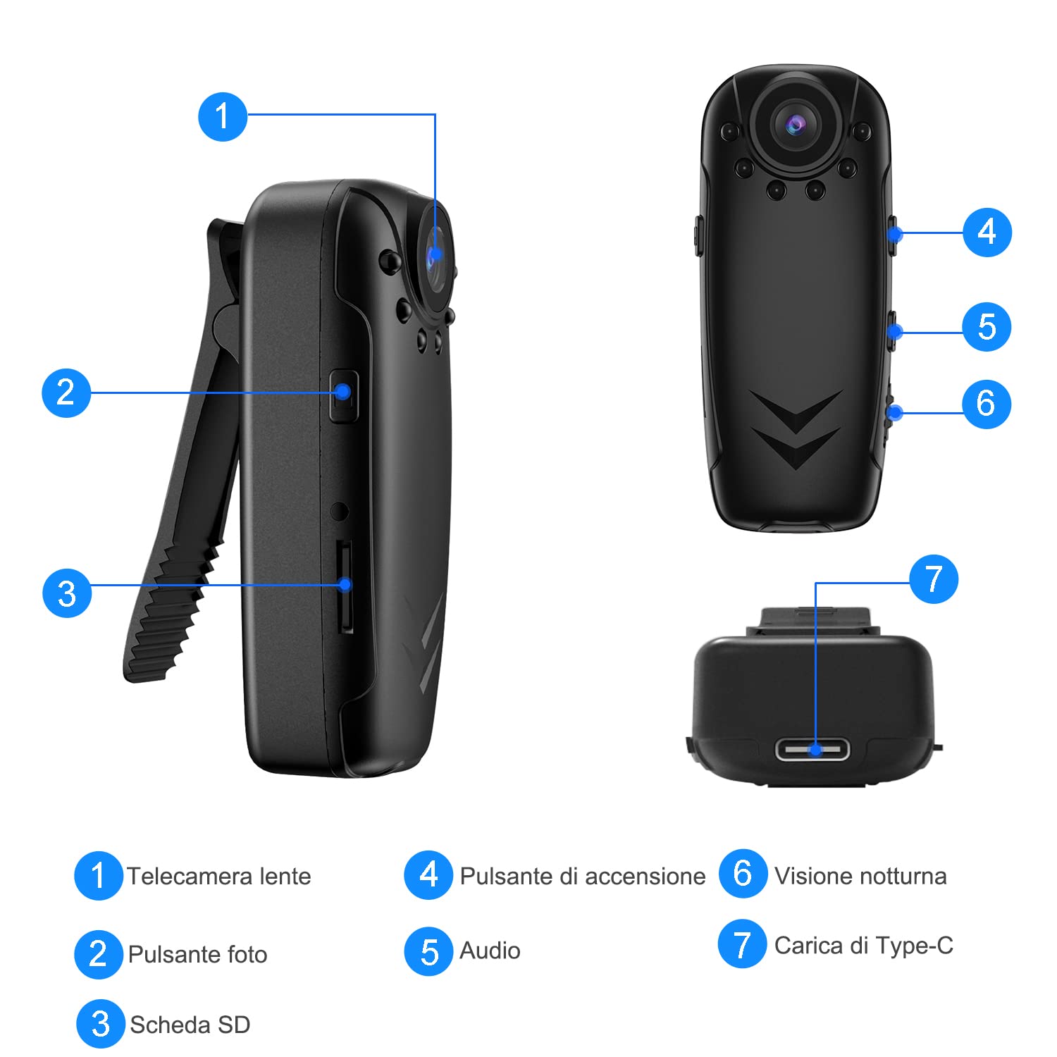 QZT Bodycam Polizia,Mini Telecamera HD 1080P Videocamere di Sorveglianza da 32 GB, Visione Notturna con Rilevamento del Movimento, Adatta per Registrazione per Bici da Esterno per Interni