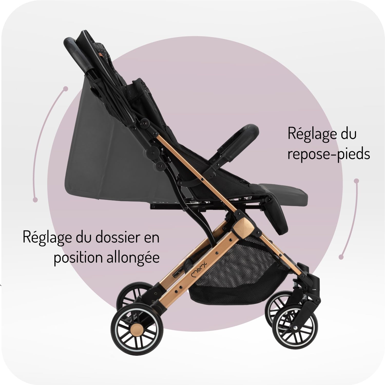 MoMi ESTELLE Poussette compacte légère et pliable dès 6 mois jusqu'à 15 kg, dossier inclinable, repose-pieds réglable, roues amorties, grand panier, harnais 5 points