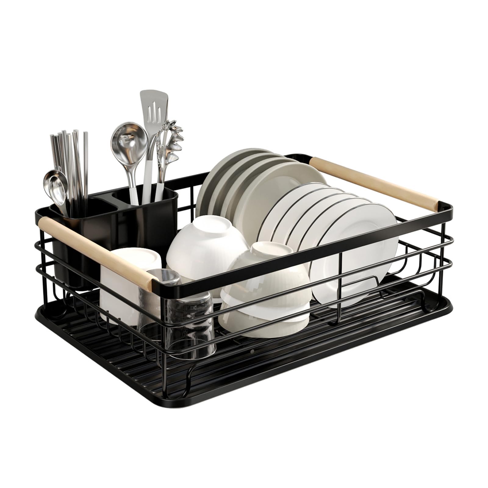 AVkgwrtb Dish Drying Rack, Kitchen Dish Drainer Rack with Drip Tray, Cutlery Holder, Wooden Handles, Multicolor(Black)